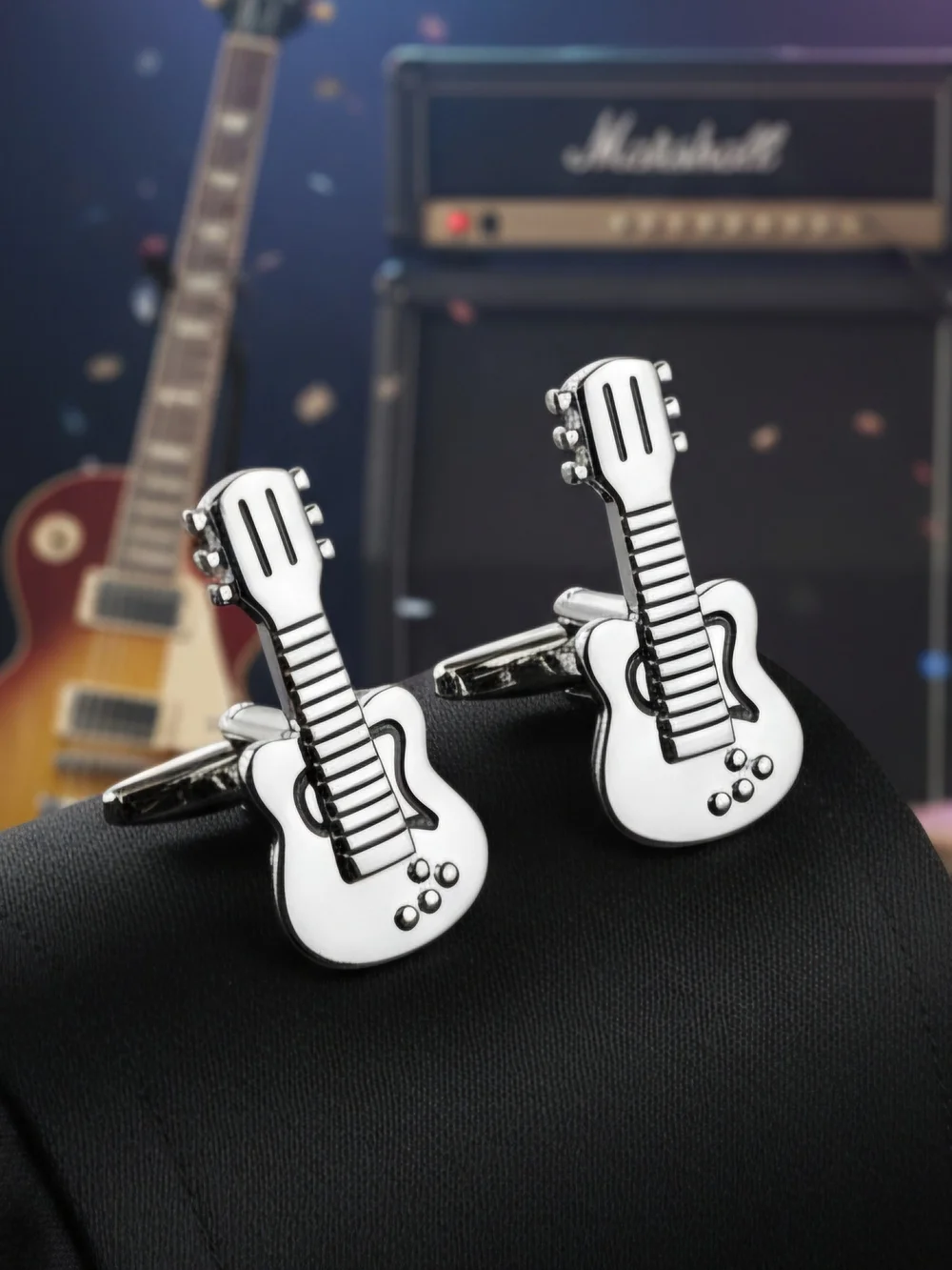 Men's Silver Guitar Cufflinks - Musical Novelty Accessory